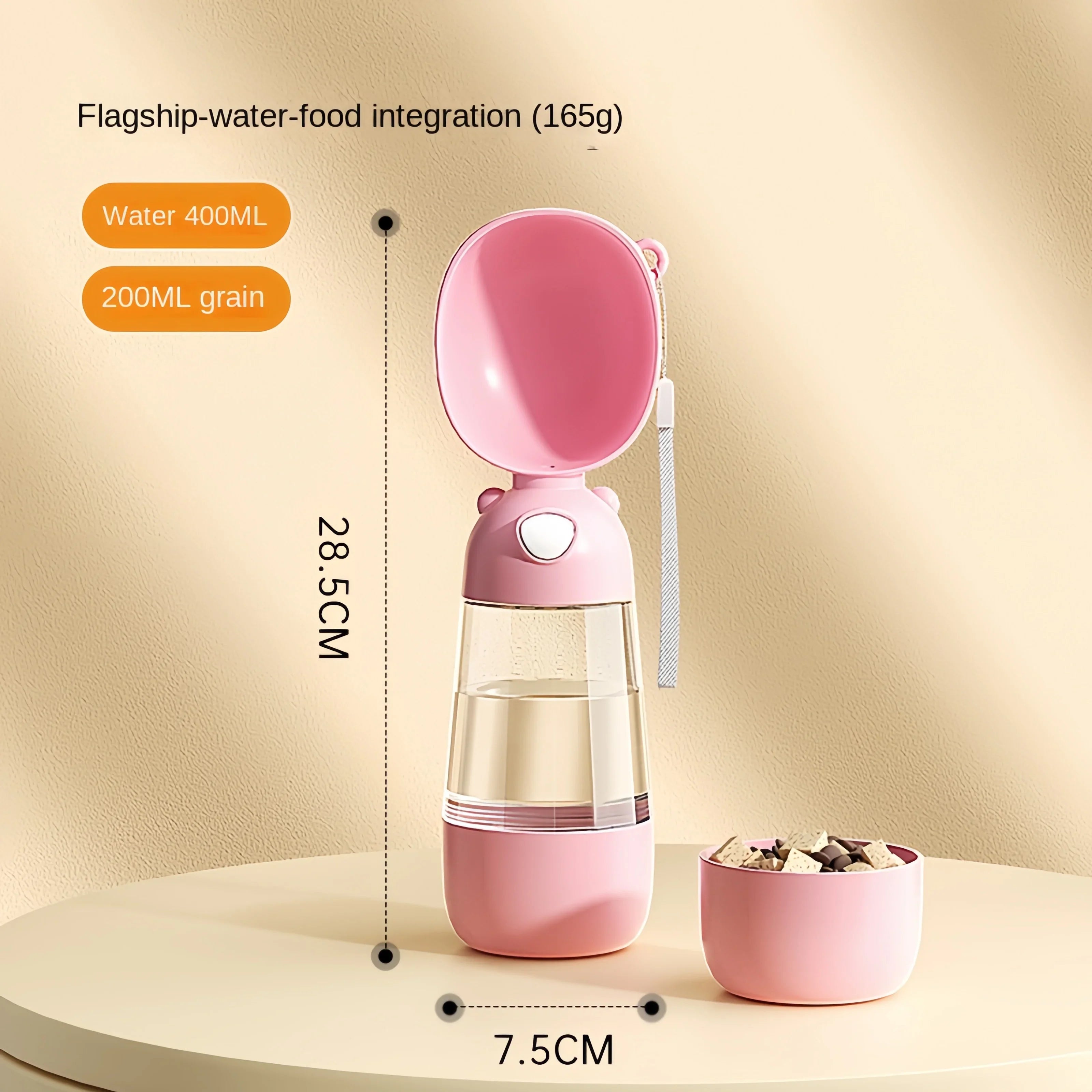 Portable Pet Water Bottle with Food Dispenser, Food-Grade Travel Bowl for Dogs & Cats pink 2 in1