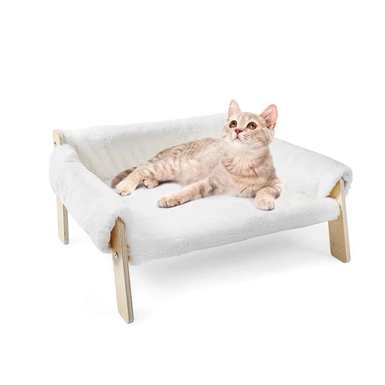 Raised Cat Sofa Bed with Wooden Legs – Plush Pet Couch for Cats and Small Dogs White
