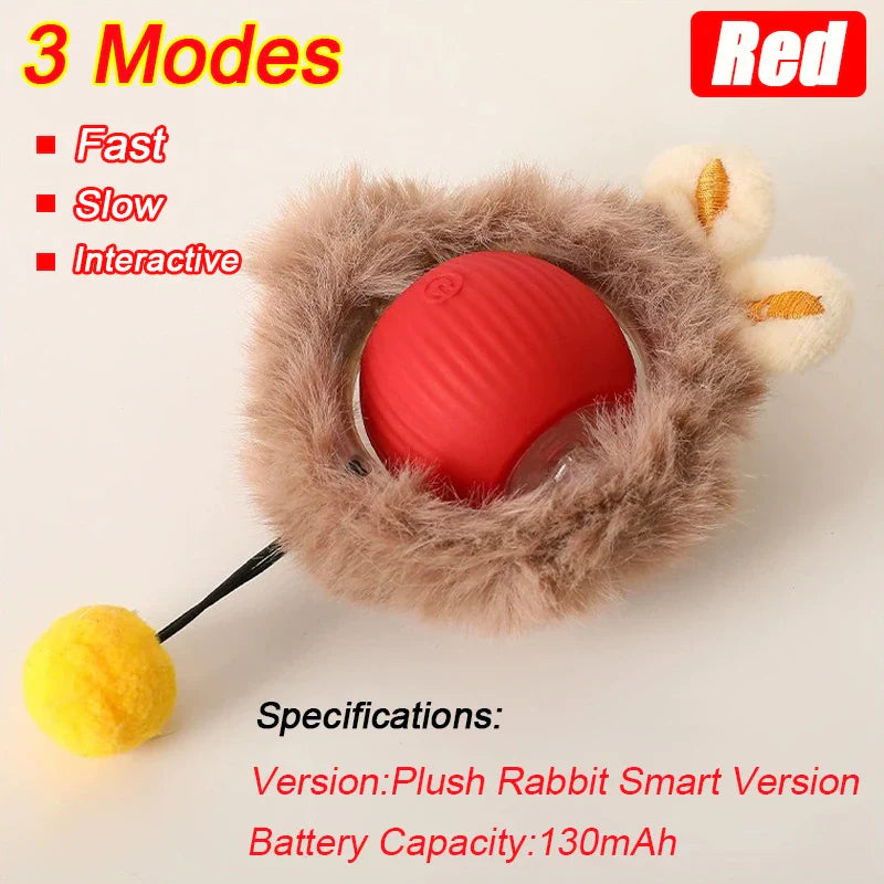 Interactive Automatic Rolling Ball Toy for Cats and Dogs, Rechargeable Smart Pet Toy with Faux Tail Plush 3 Modes Red