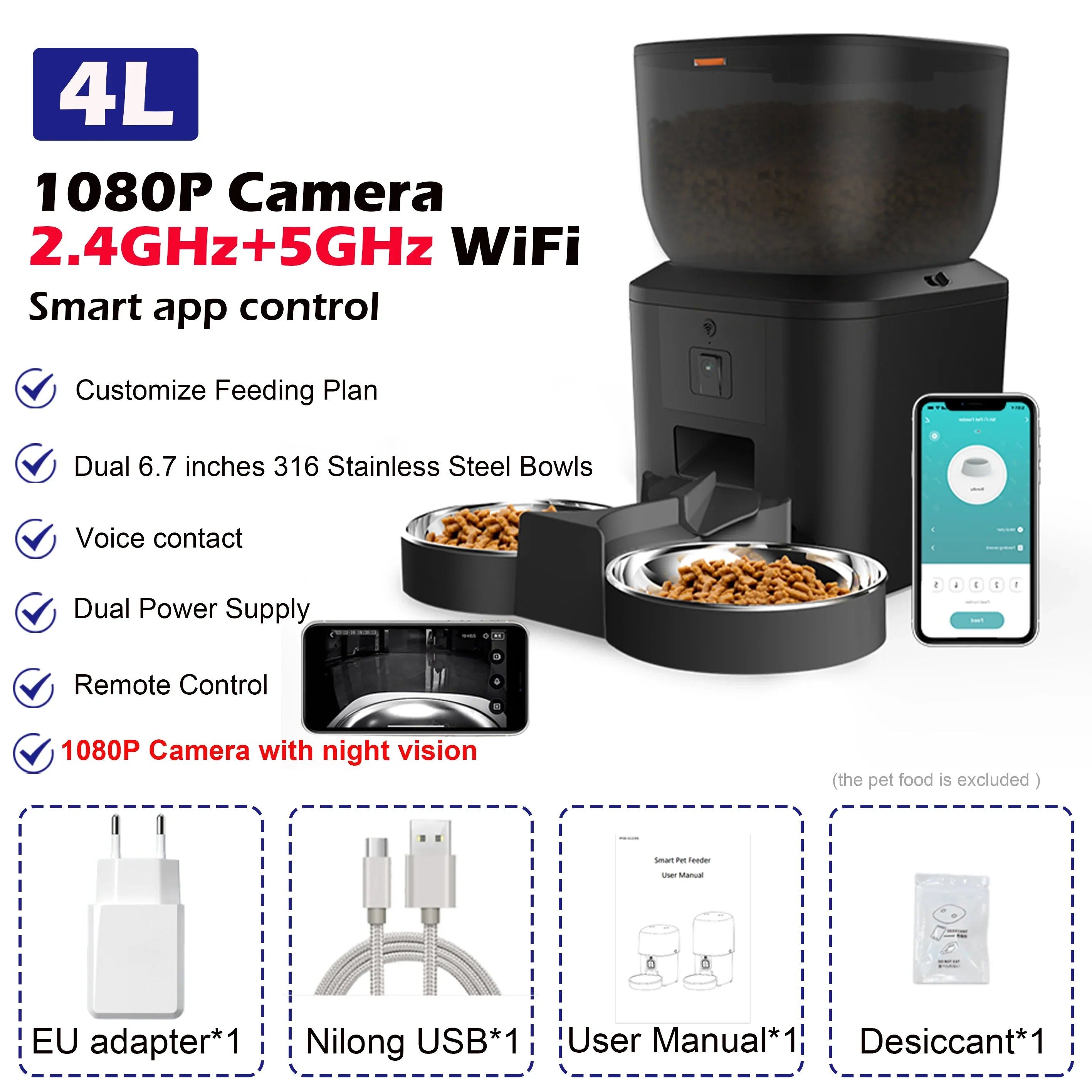 Furpipi 8L Smart Automatic Cat Feeders with 1080P HD Camera 5G WiFi Pet Feeder Tuya APP Control Automatic Cat Dog Food Dispenser 4L 5G HD Bowl x2 B Food-grade ABS