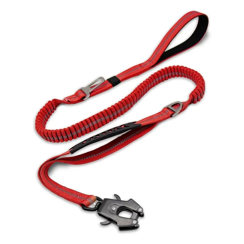 Tactical Dog Leash Heavy Duty, 4-6FT Shock Absorbing Bungee Lead with 2 Padded Handle, Metal Carabiner Clip, Car Seatbelt Red