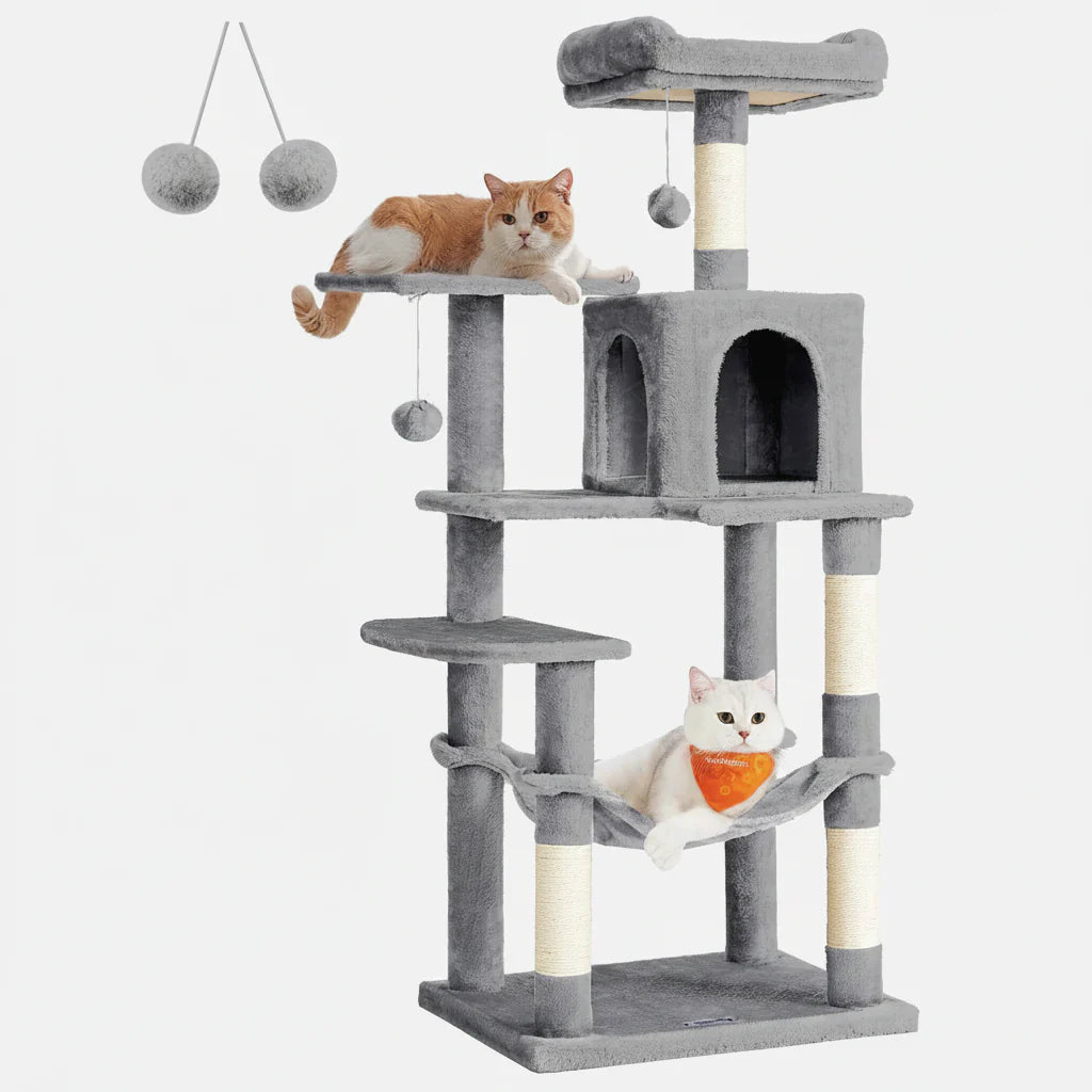 56.3" Multi-Cat Tree Tower Hammock, Condo & Scratching Posts for Indoor Cats Light Gray