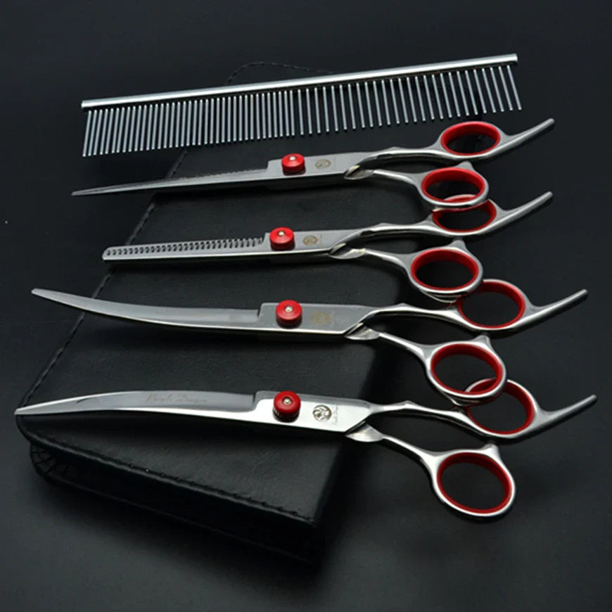 Professional Dog Grooming Scissors Set - 6" (15.2 cm) & 7" (17.8 cm) Stainless Steel Thinning & Curved Pet Shears 7 inch Z3001-Hong-5P-7Y