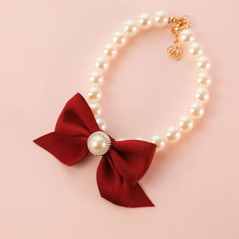 1Pcs New Pet Collar Pearl Bow Necklace Cat Jewelry Cute Collar Puppy Accessories Dog Chain Chihuahua Wedding Jewelry Stuff red