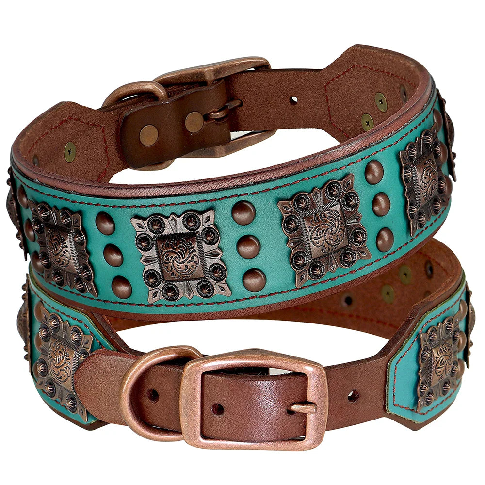 Genuine Leather Spiked Dog Collar – Adjustable L/XL for Medium & Large Dogs (Pitbull, Bulldog, German Shepherd) – Black Brown Green Green