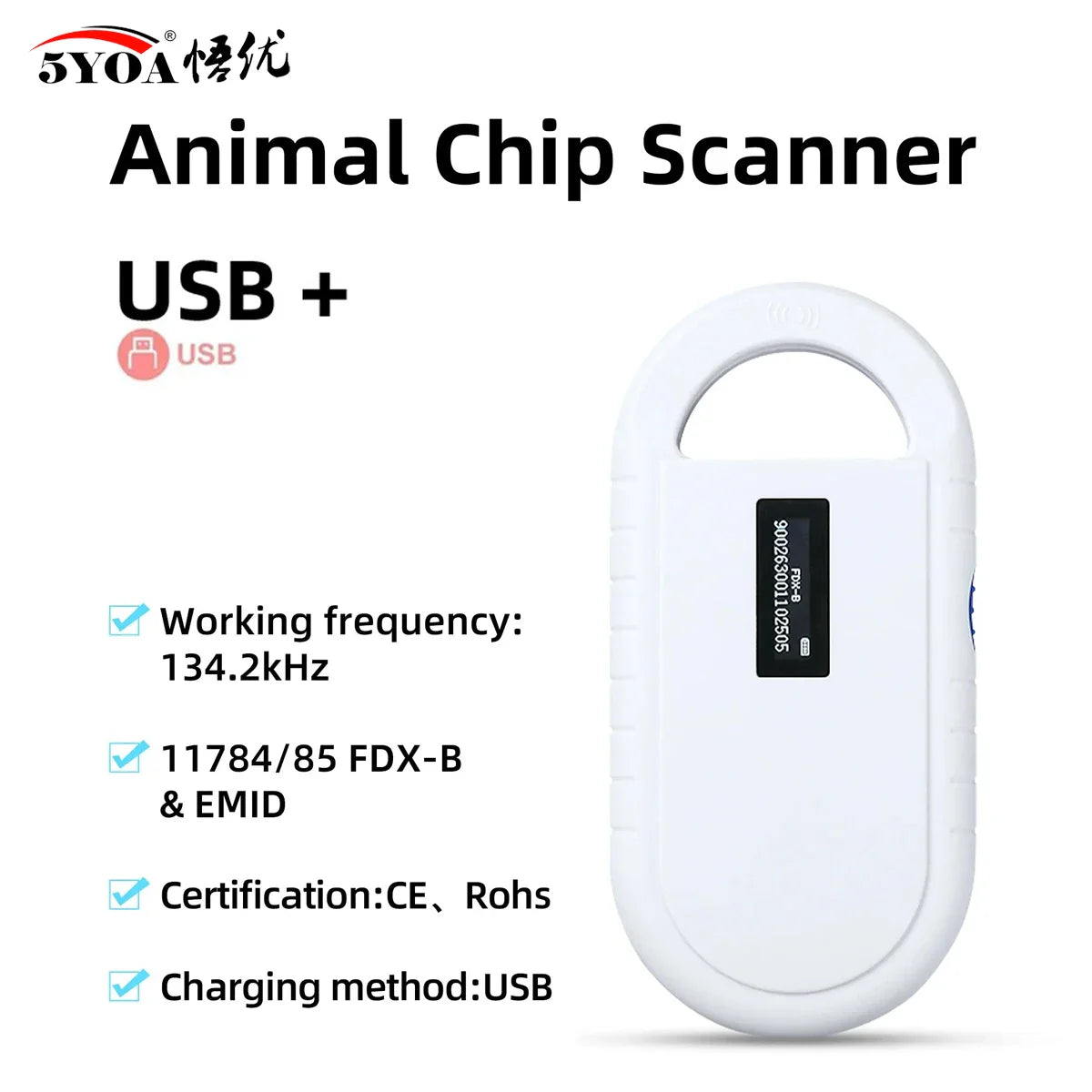 Handheld Pet Microchip Reader OLED — EMID & FDX-B (ISO11784/85) RFID Rechargeable Scanner for Dogs, Cats & Pigs PT160 USB ver.