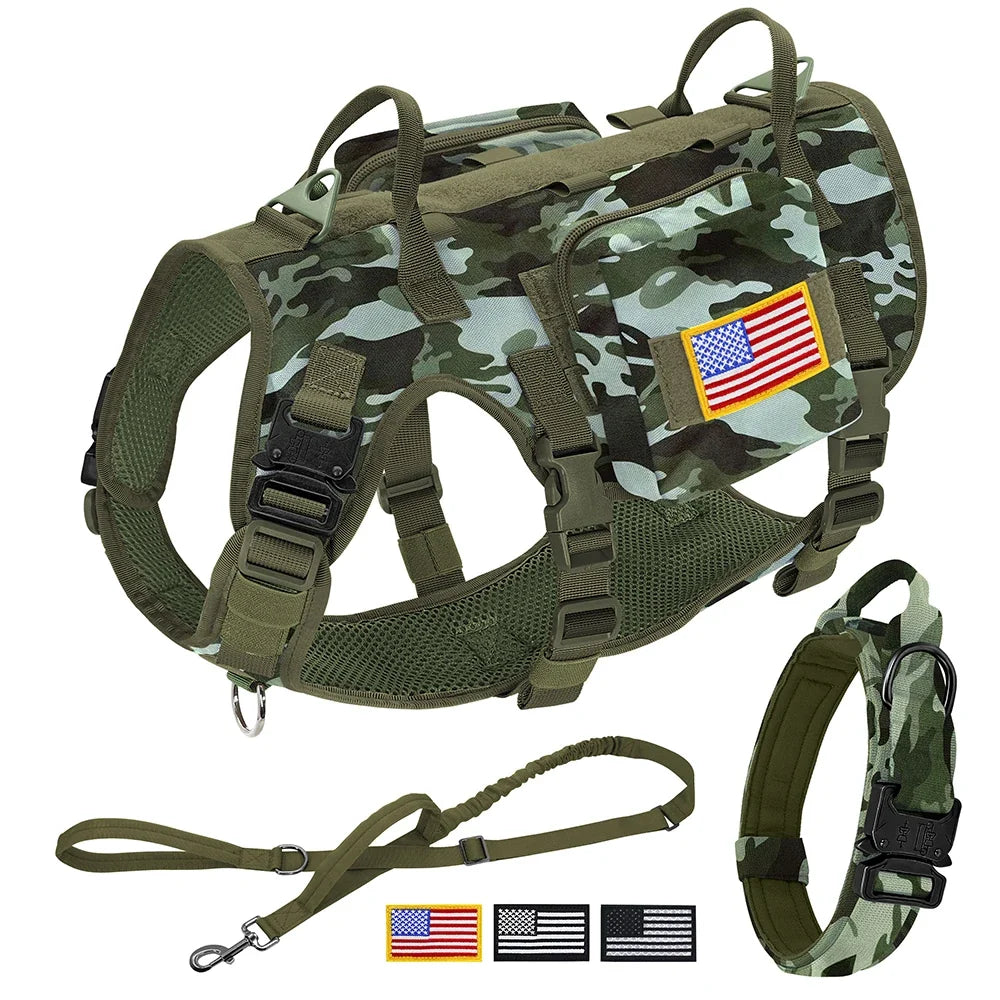 Tactical Dog Harness Collar Leash Set Military Training Pet Vest with Pouches Flags Durable Collars for Big Dogs German Shepherd GNCA