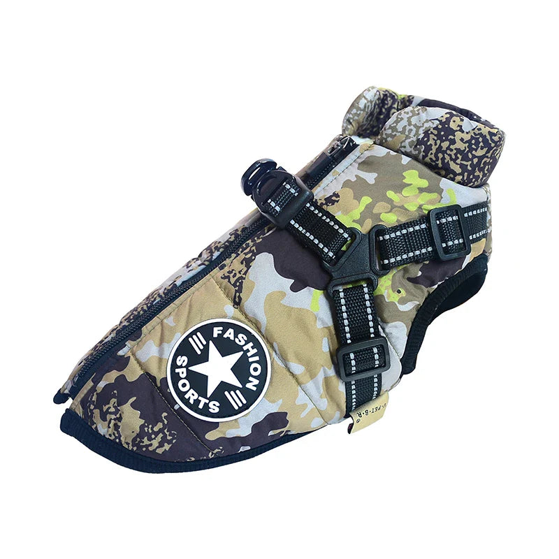 Waterproof Winter Dog Jacket with Built-In Harness, Fleece-Lined & Reflective – Warm Coat for Small to Large Breeds Camoflage