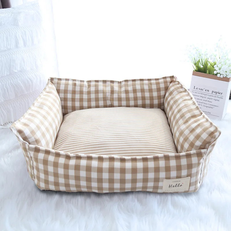 Striped Cotton Pet Bed Sofa for Cats & Small Dogs — Indoor Puppy Kennel (S/M) 50x40x20cm & 60x50x20cm (19.6x15.7x7.8 in & 23.6x19.6x7.8 in) Apricot China Mainland