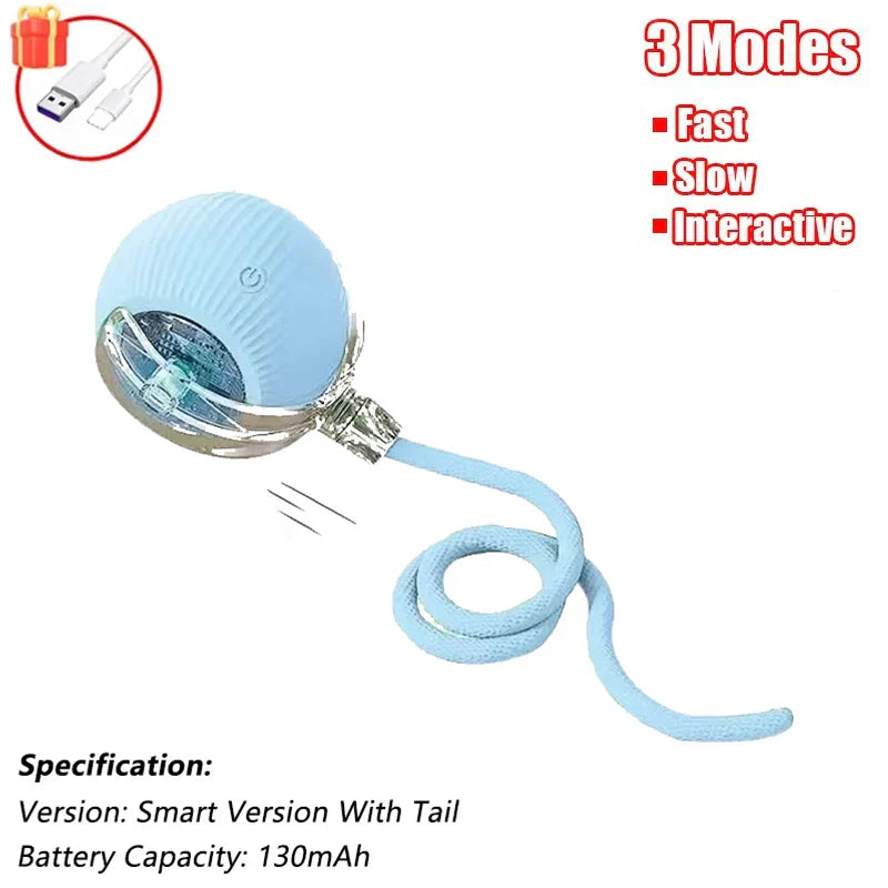 Interactive Rechargeable Cat Ball Toy with Faux Fur Tail — Automatic Rolling Smart Pet Ball (USB-C) for Cats & Small Dogs Blue-Rope