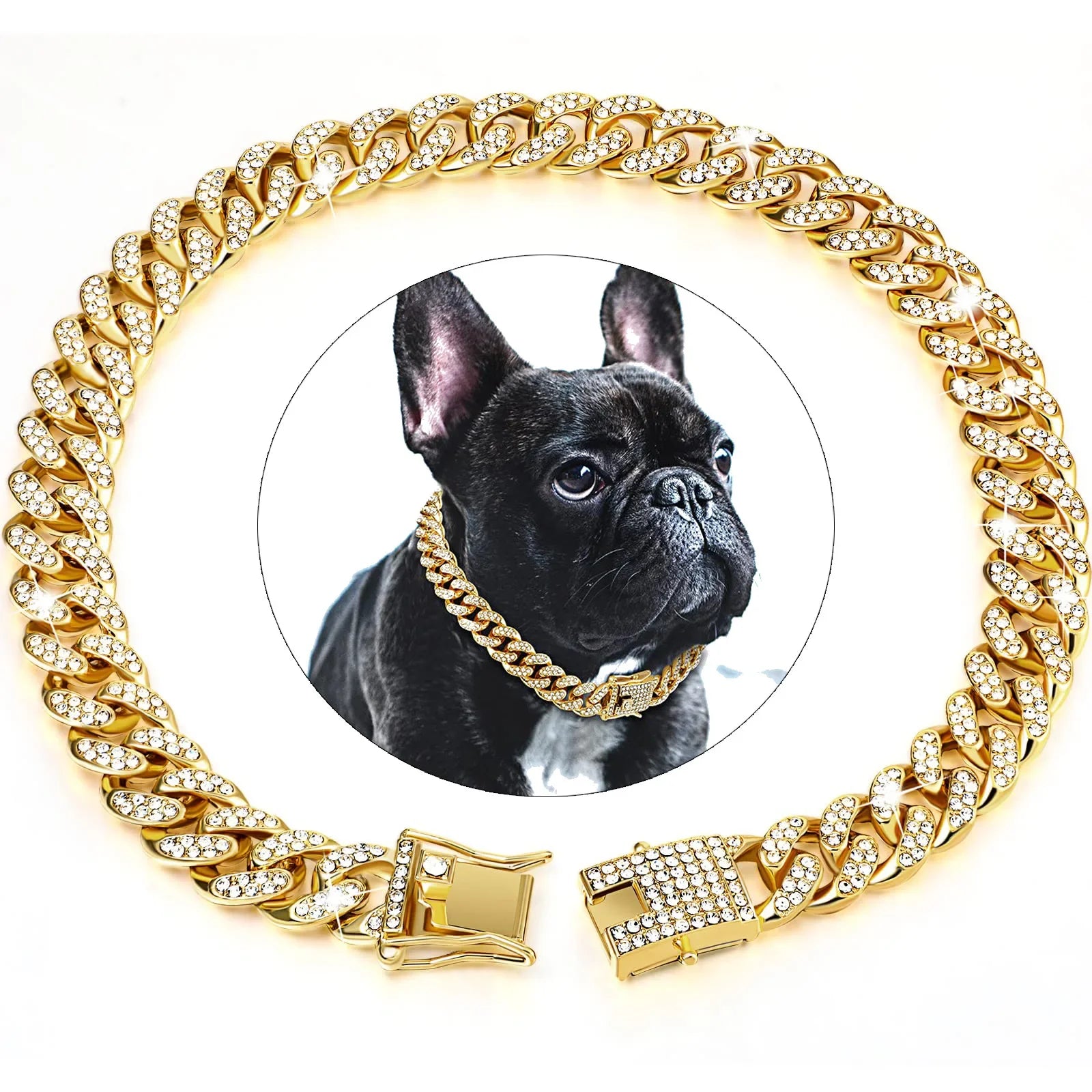 Dog Chain Diamond Cuban Collar Walking Metal Chain Collar with Design Secure Buckle, Pet Cat Cuban Collar Jewelry Accessories Gold