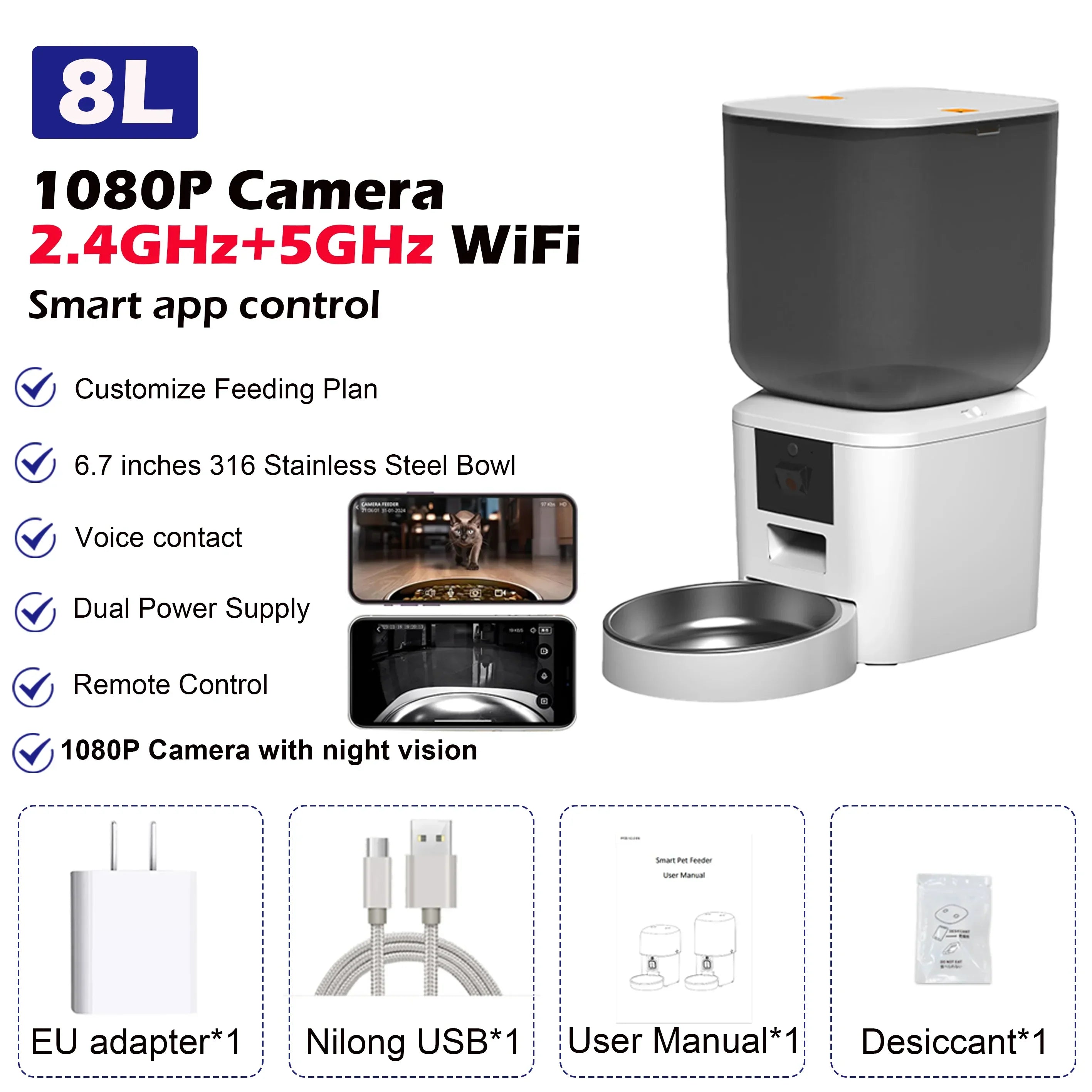 Furpipi 8L Smart Automatic Cat Feeders with 1080P HD Camera 5G WiFi Pet Feeder Tuya APP Control Automatic Cat Dog Food Dispenser 5G 1080P Bowl x1 W Food-grade ABS