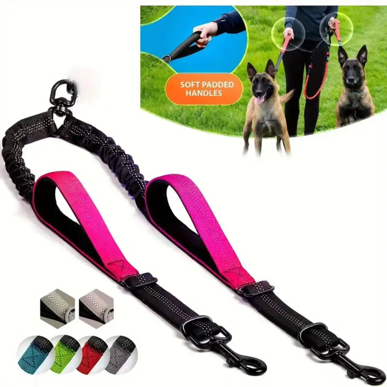 Dual Dog Leash Coupler – Padded No-Tangle Bungee Leash with 360° Swivel, Reflective & Shock-Absorbing Rose Red