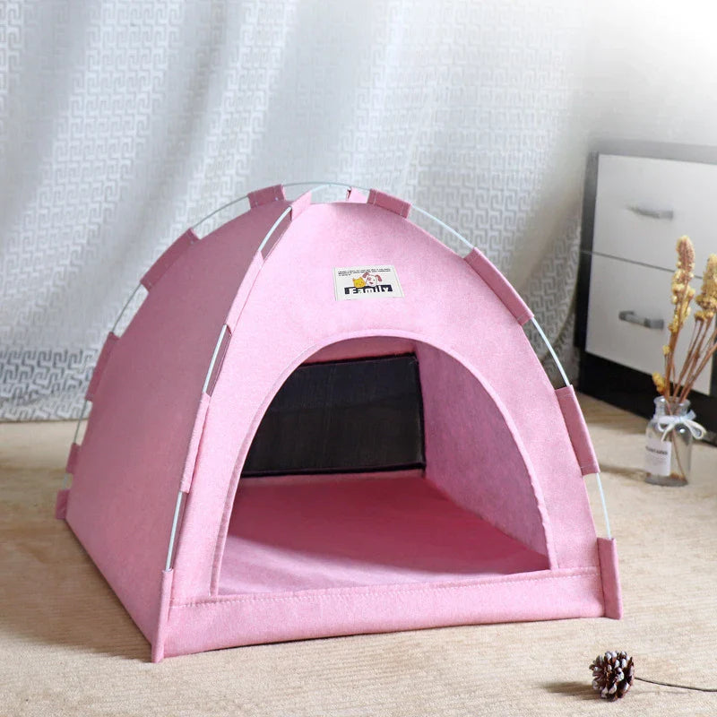 Foldable Cat & Small Dog Tent Bed — Portable Breathable Plush Pet House with Summer Cooling Mat Four Seasons pink