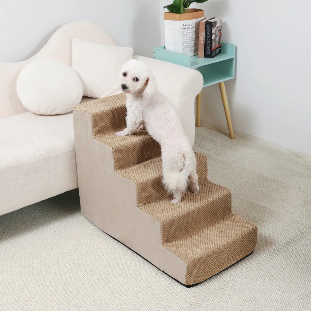 4-5-Step Memory Foam Dog & Cat Stairs with Removable Washable Cover – Pet Ramp Ladder 5 Stairs-Beige