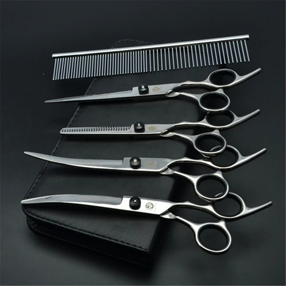 Professional Dog Grooming Scissors Set - 6" (15.2 cm) & 7" (17.8 cm) Stainless Steel Thinning & Curved Pet Shears 7 inch Z3001-Hei-5P-7Y