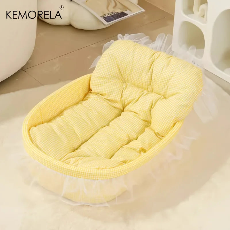 KEMORELA Gauze-edged Cat Princess Sofa Bed Washable and Removable - Universal Pet Mat for All Seasons Suitable for Cats and Dogs Yellow
