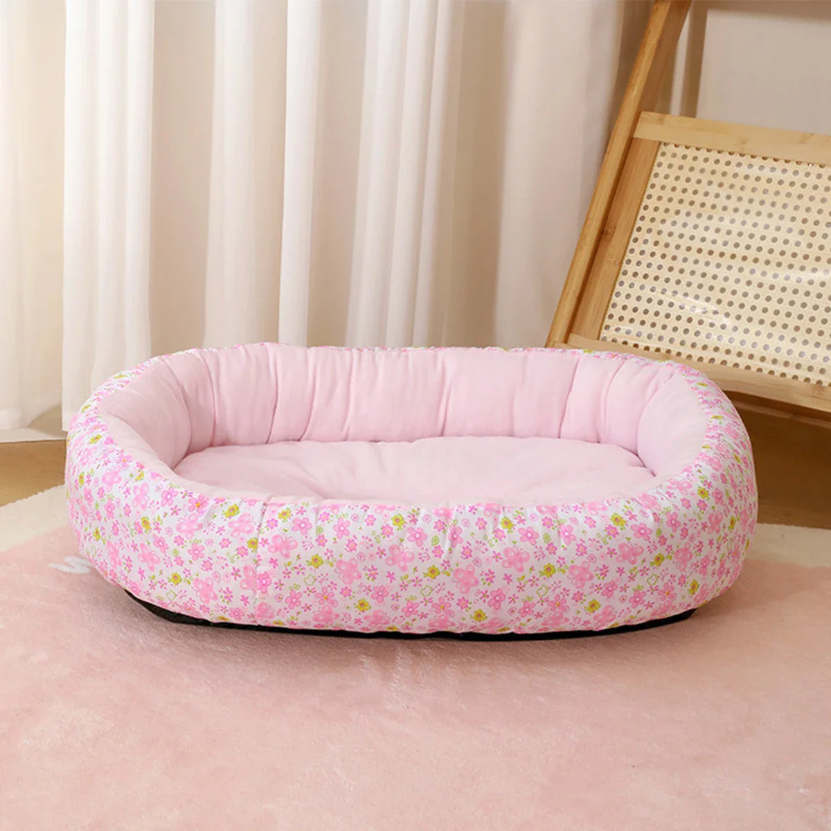 Floral All-Season Dog & Cat Bed — Soft Puppy Pad Sofa for French Bulldog Chihuahua, Sizes S/M/L, 4 Colors Pink
