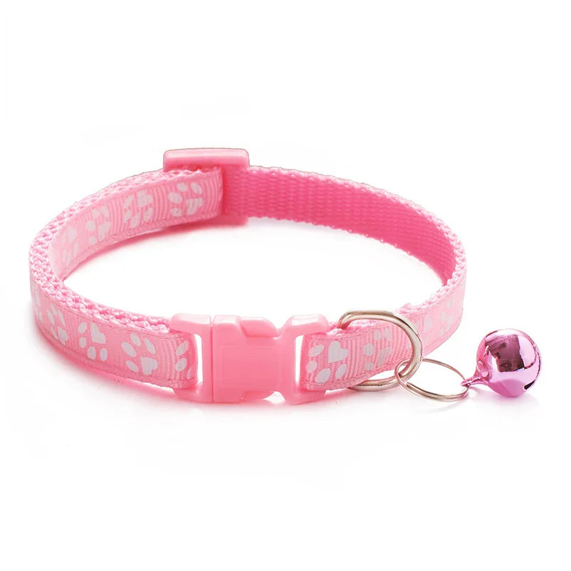 Adjustable Cat Collar with Bell and D-Ring, Dog-Print Rope Necklace, Multiple Colors S pink