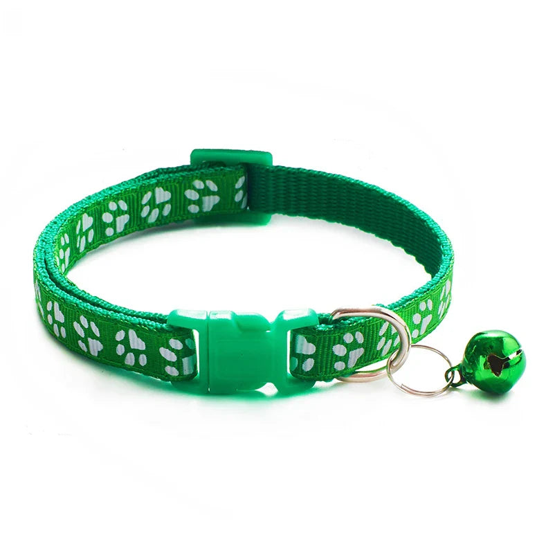 Adjustable Cat Collar with Bell and D-Ring, Dog-Print Rope Necklace, Multiple Colors S grass green