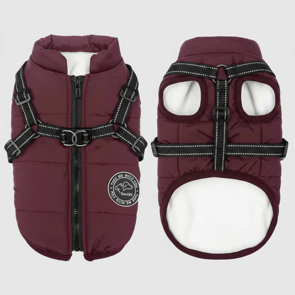 Waterproof Winter Dog Jacket Vest with Built-in Harness – Fleece Lined Purple