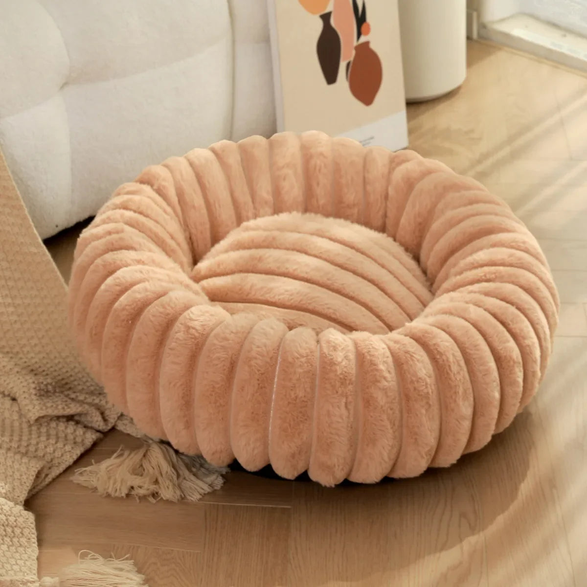 Large Round Pet Bed – Washable Faux Fur Dog & Cat Sofa, All-Season Cozy Plush CW0054-Khaki