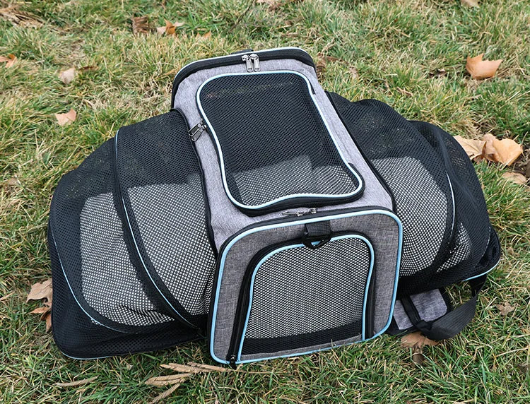 Foldable Mesh Pet Carrier – Expandable Soft-Sided Travel Carrier for Cats & Small Dogs, Breathable Handheld Tote Blue