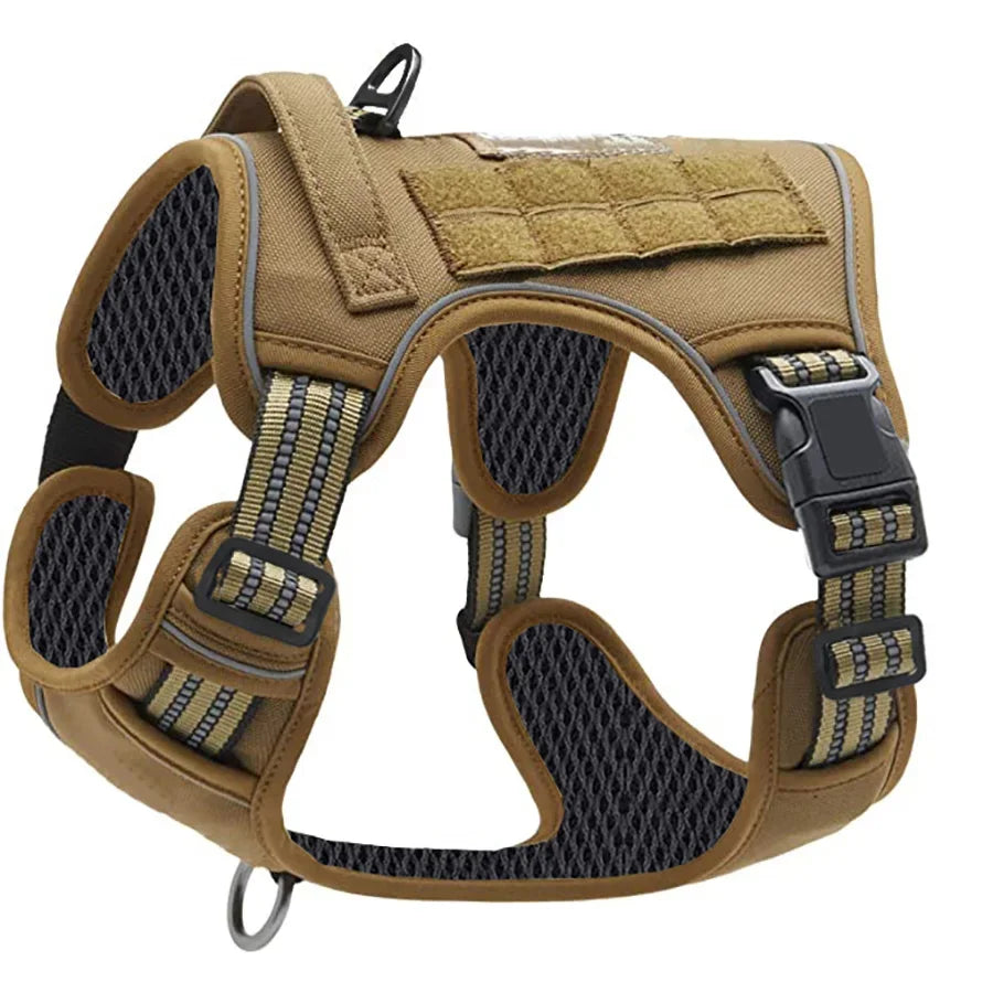 Military Tactical Dog Harness No Pull Large Reflective Straps Durable Vest with Control Handle Dark Khaki