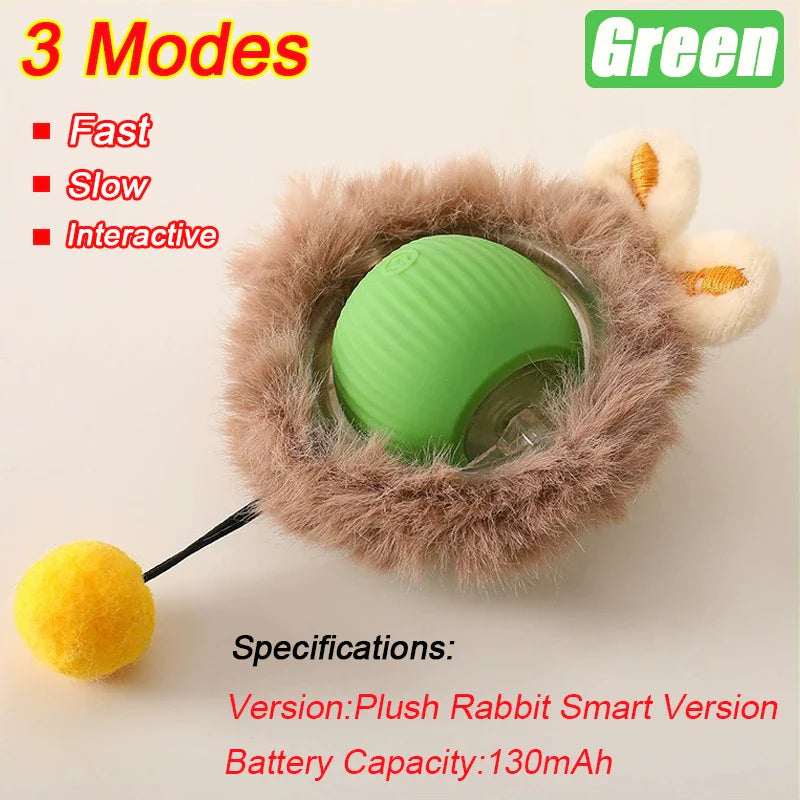 Interactive Automatic Rolling Ball Toy for Cats and Dogs, Rechargeable Smart Pet Toy with Faux Tail Plush 3 Modes Green
