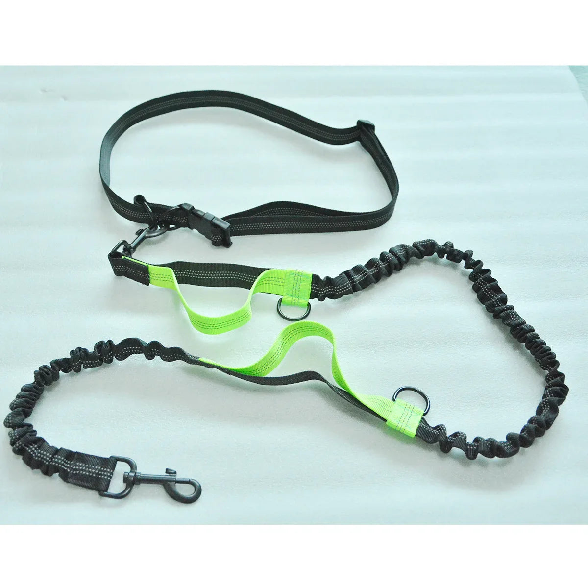 Double Elastic Reflective Hands-Free Running Dog Leash — Retractable Bungee Waist Lead 160–260 cm (63–102 in), Waist 70–120 cm (27–47 in) green