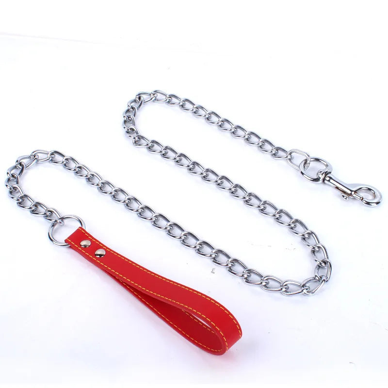 Metal Chain Dog Lead with Leather Style Handle Strong Control Leash Iron Dog Pets Supplies Collars Harnesses Chain Traction Rope Red