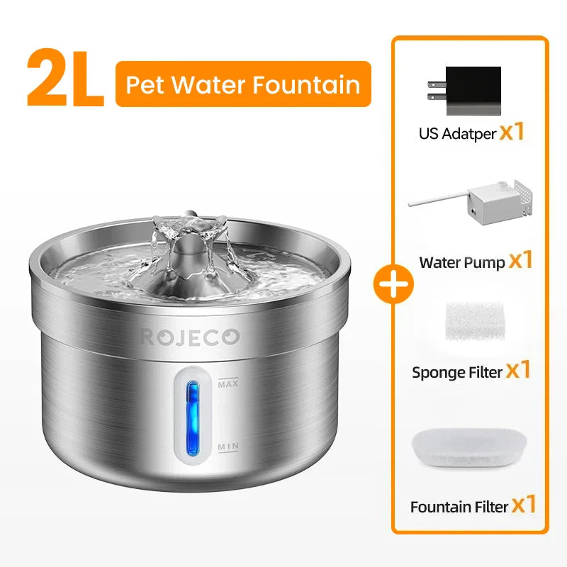 ROJECO Stainless Steel Pet Drinking Fountain Automatic Cat Water Fountain Smart Pet Water Dispenser for Dog Cat Drinking Supply US Adapter 2L