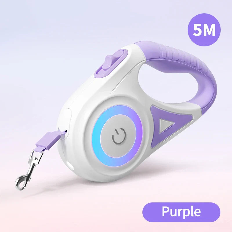 5M (16.4 ft) Retractable LED Dog Leash with Anti-Slip Handle, Tangle-Free and Reflective, Fits Pets up to 35kg (77 lb) Purple