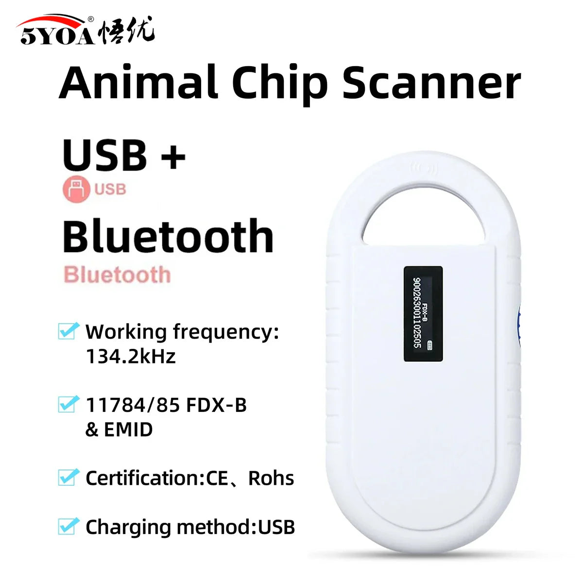 Handheld Pet Microchip Reader OLED — EMID & FDX-B (ISO11784/85) RFID Rechargeable Scanner for Dogs, Cats & Pigs PT160 Bluetooth ver.