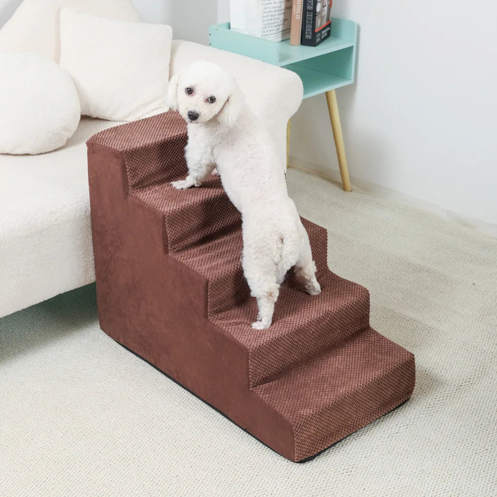 4-5-Step Memory Foam Dog & Cat Stairs with Removable Washable Cover – Pet Ramp Ladder 5 Stairs-Coffee