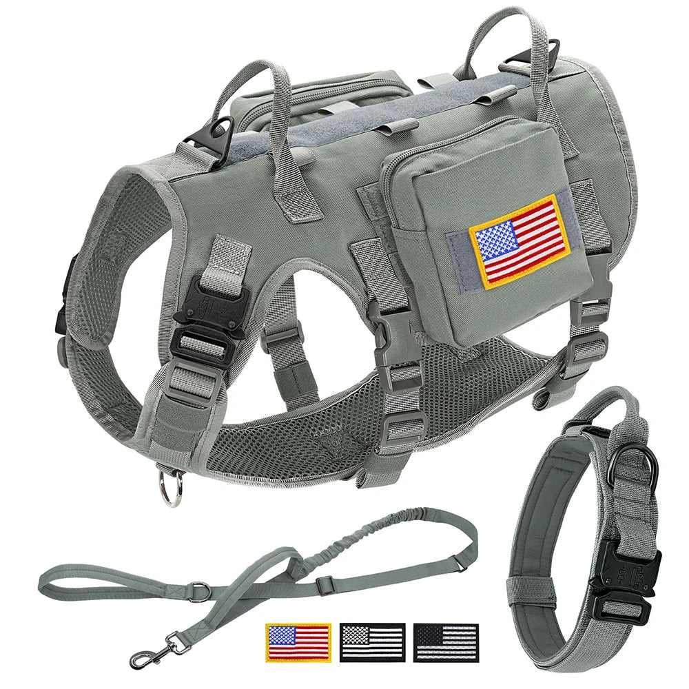 Tactical Dog Harness Collar Leash Set Military Training Pet Vest with Pouches Flags Durable Collars for Big Dogs German Shepherd GRAY