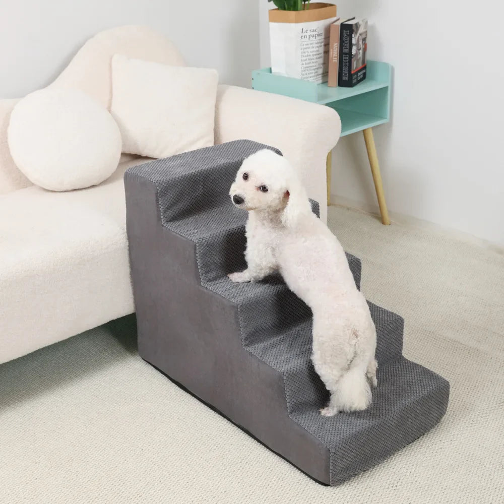 4-5-Step Memory Foam Dog & Cat Stairs with Removable Washable Cover – Pet Ramp Ladder 5 Stairs-Grey