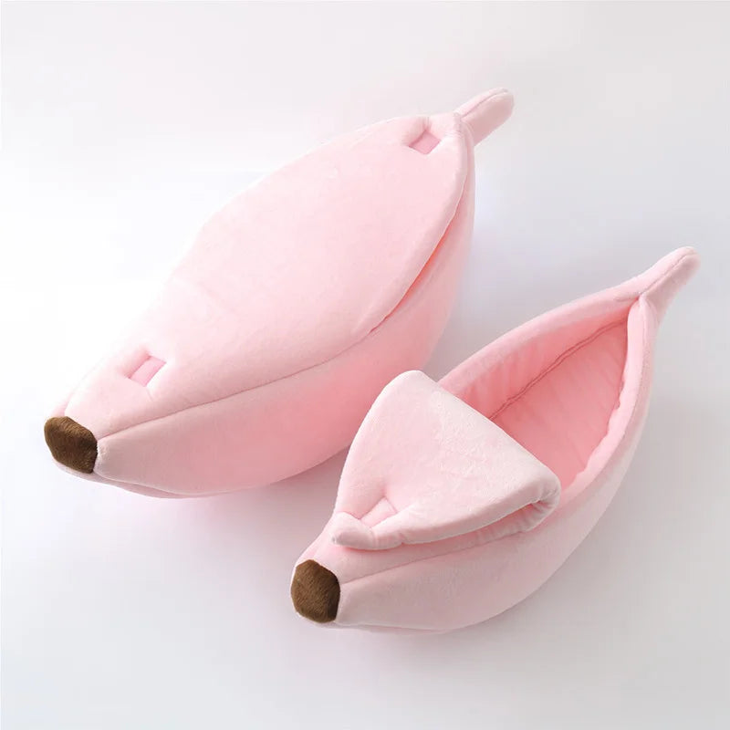 Banana-Shaped Plush Pet Bed – Cozy Cat & Small Dog House, Small (40×12×19 cm / 15.7×4.7×7.5 in) & Medium (51×14×20 cm / 20.1×5.5×7.9 in) – Yellow, Pink, Beige, Green Pink 1PC
