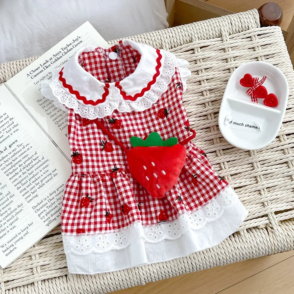Strawberry Dress For Dogs Summer Spring Cute Plaid Female Girl Puppy Pet Cat Apparel Clothes Yorkie Chihuahua Small Medium Pugs Red