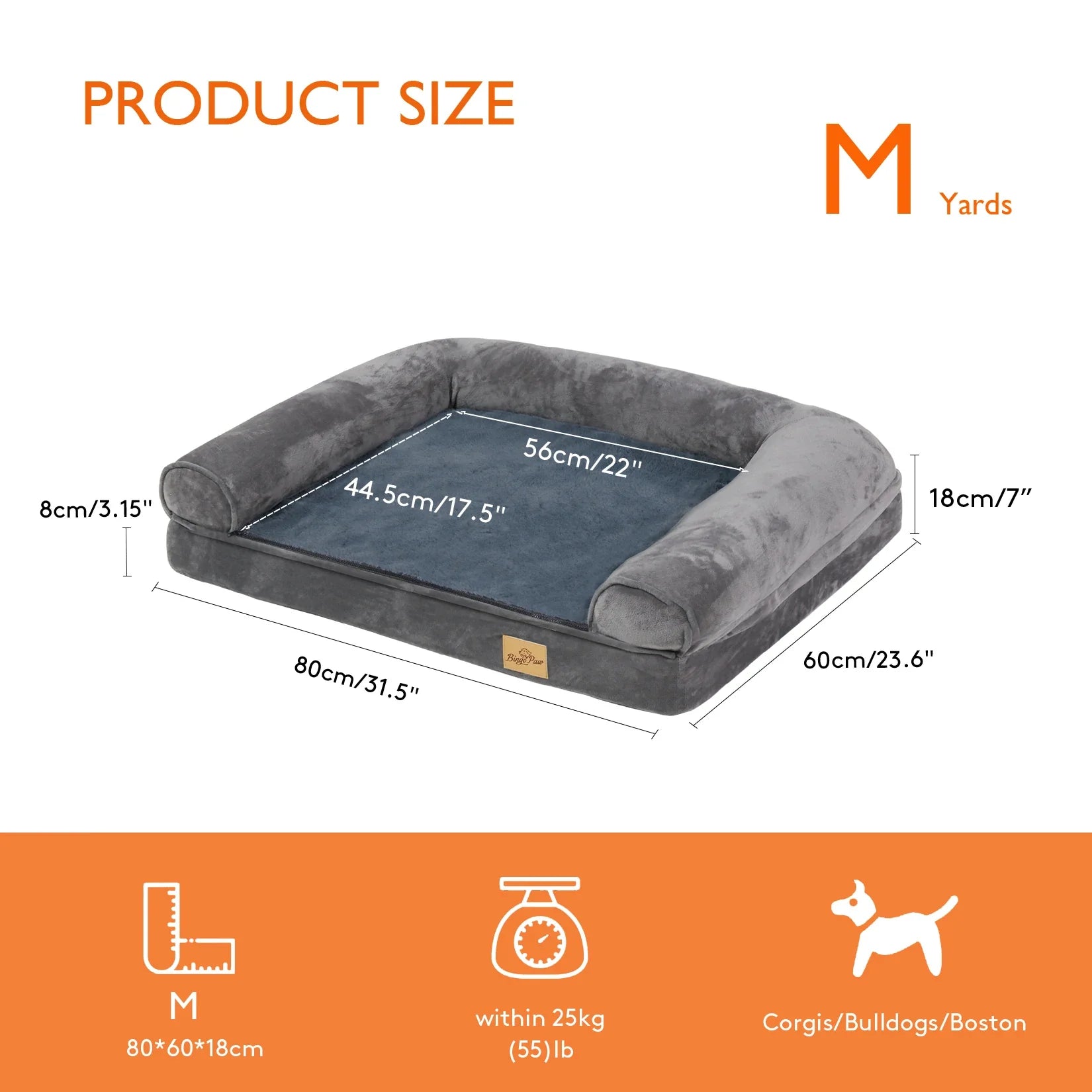 Orthopedic Dog Bed – Foam Pet Mattress Sofa with Bolster, Removable Washable Cover, Waterproof Liner (Sizes M-L-XL-2XL) Gray Medium