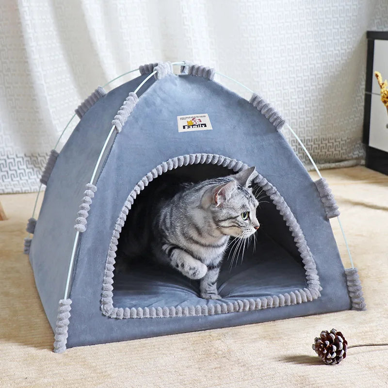 Foldable Cat & Small Dog Tent Bed — Portable Breathable Plush Pet House with Summer Cooling Mat