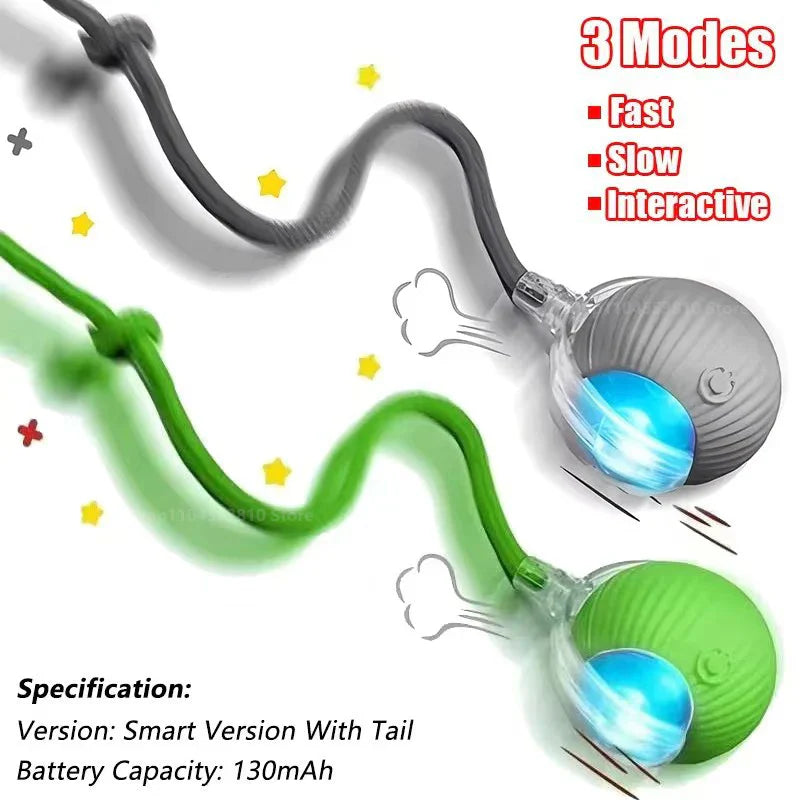 Interactive Rechargeable Cat Ball Toy with Faux Fur Tail — Automatic Rolling Smart Pet Ball (USB-C) for Cats & Small Dogs Green and Grey-Rope