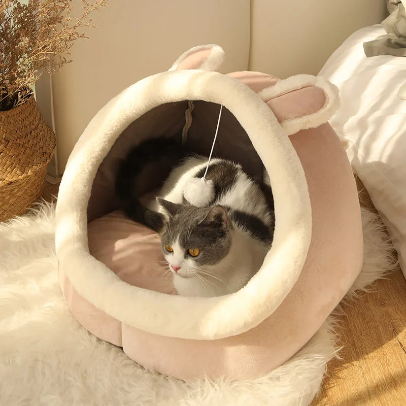 Cartoon Cat Bed Foldable Removable Washable Plush Pet Cave Bed for Cats and Small Dogs 3