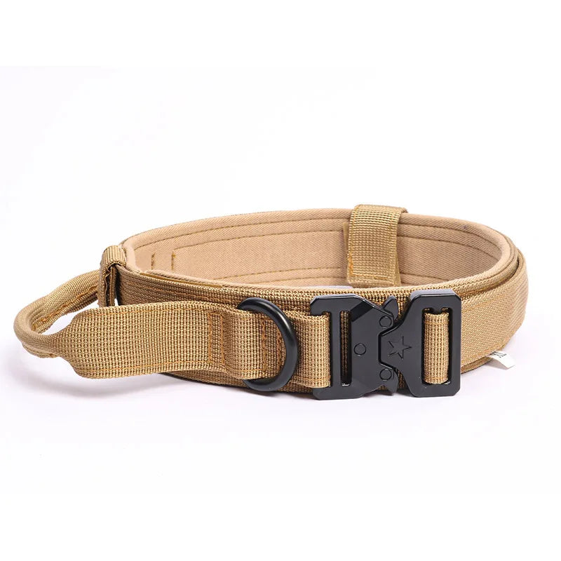 Tactical Dog Collar with Handle Heavy Duty Nylon Collar for Medium Large Dogs Adjustable Camo Pet Collar with Metal Buckle Khaki