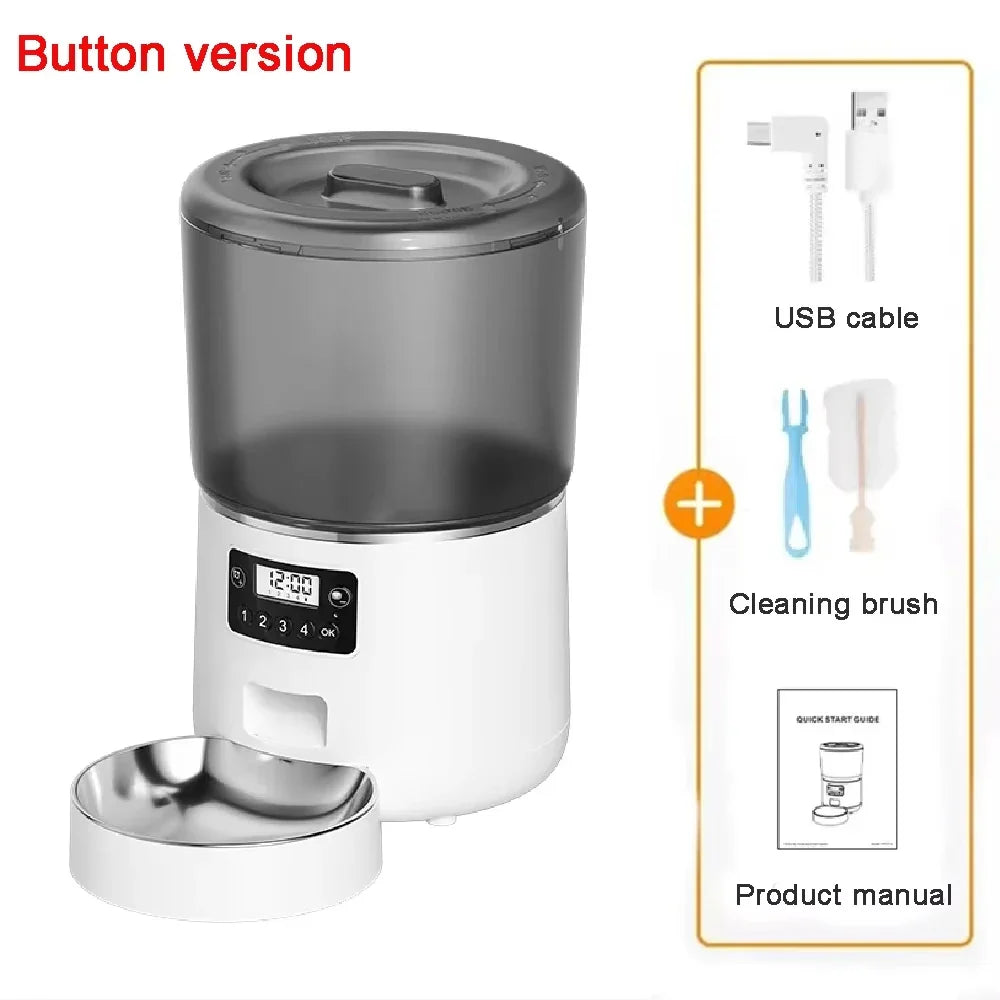 Automatic Pet Feeder 4L Capacity Smart Timer Tuya Control Food Dispenser with Stainless Steel Bowl Dogs Cats Feeding Supplies Key Version White