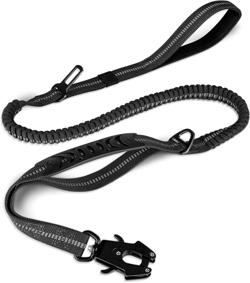 Tactical Dog Leash Heavy Duty, 4-6FT Shock Absorbing Bungee Lead with 2 Padded Handle, Metal Carabiner Clip, Car Seatbelt Black