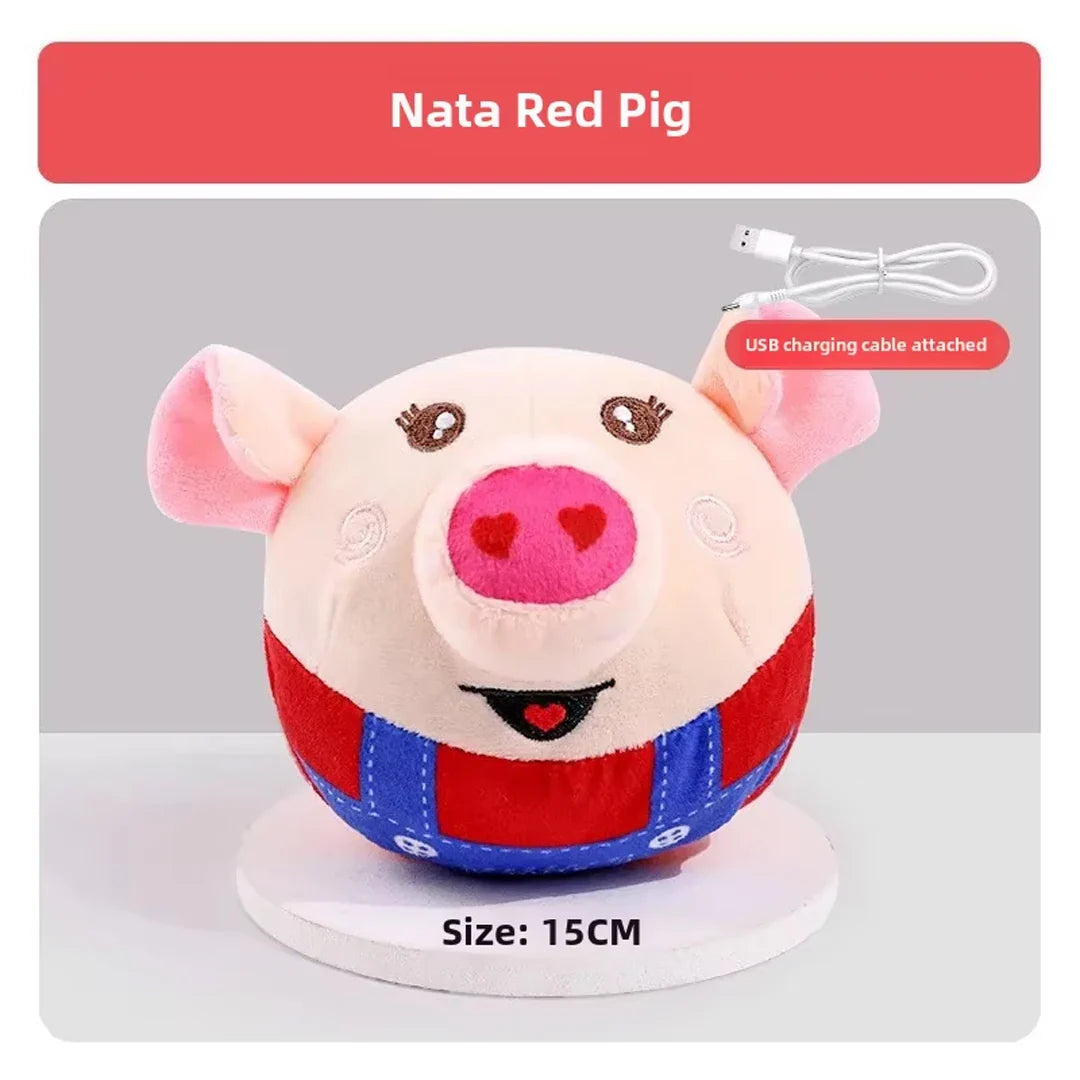 USB Rechargeable Interactive Plush Dog Toy - Electric Jumping Puzzle Ball with Music, Cartoon Clown Pig Nata Red Pig
