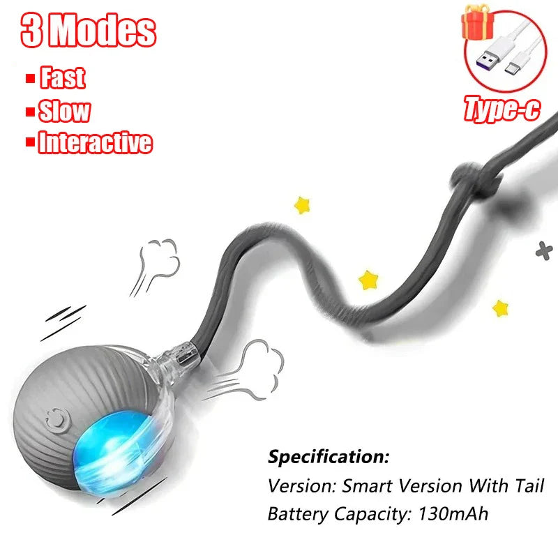 Interactive Automatic Rolling Ball Toy for Cats and Dogs, Rechargeable Smart Pet Toy with Faux Tail New Version Grey