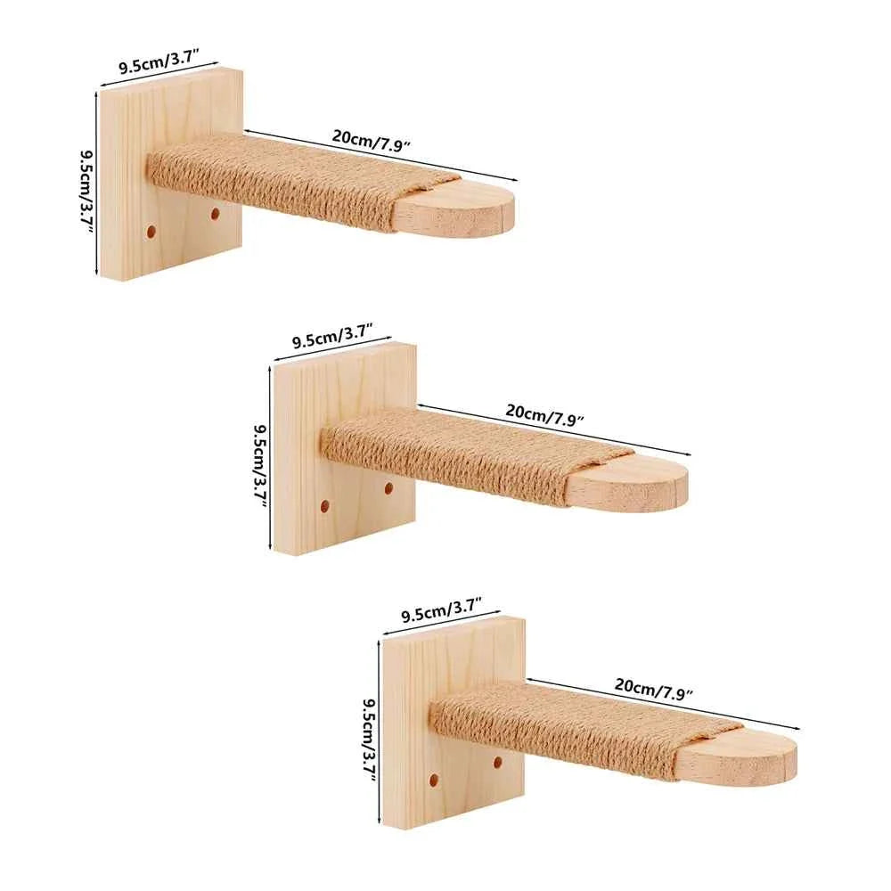 Wooden Cat Wall Steps – Wall Mounted Climbing Ladder with Sisal Rope Scratching Post 3 pieces