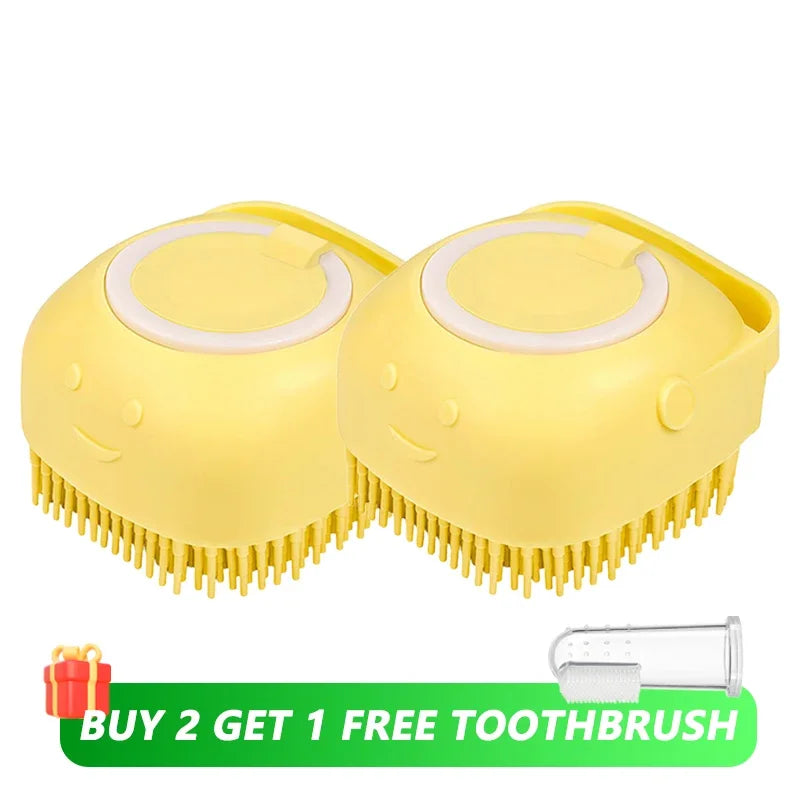 Dog & Cat Silicone Bath Brush with Shampoo Dispenser — Soft Rubber Bristles for Grooming & Massage 2x Yellow